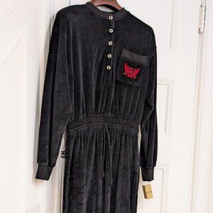 Liz Claiborne Vintage Velour Black Red Logo Drawstring Button Up Waist Dress L